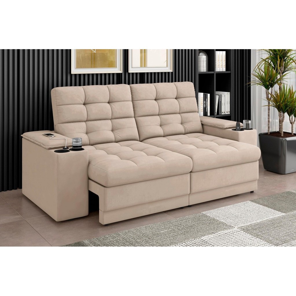 Sofá Confort Premium 1,70m Assento Retrátil/Reclinável porta copos e USB Suede Areia - XFlex Sofas