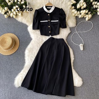 Lovito Conjunto Elegante De Saia De Bolso Falso Com Botão De Contraste De Retalhos Para Mulheres LNL50085