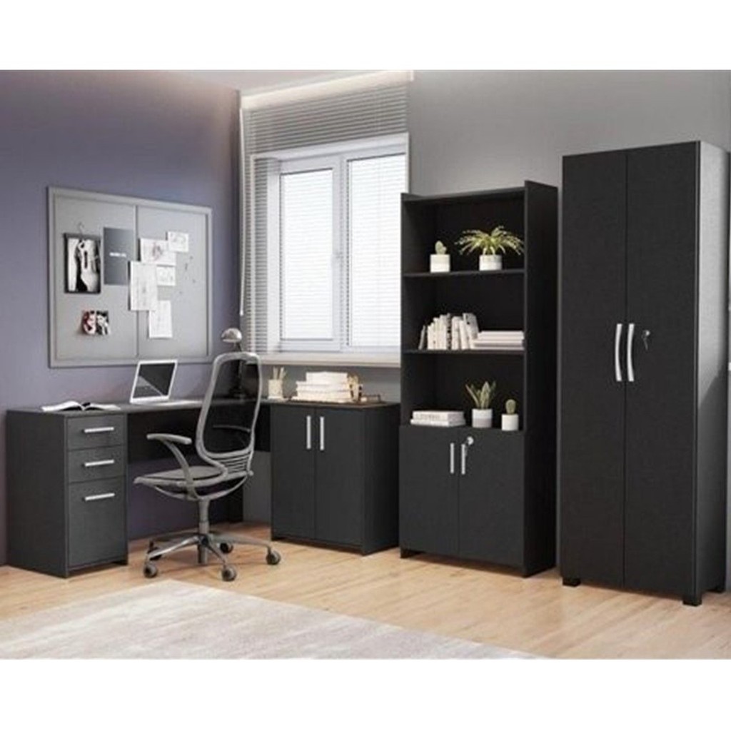 Kit 3 Peças com Mesa para Escritório em L, Armário Multiuso Alto Aberto e Armário Fechado Preto Tx - Home & Living