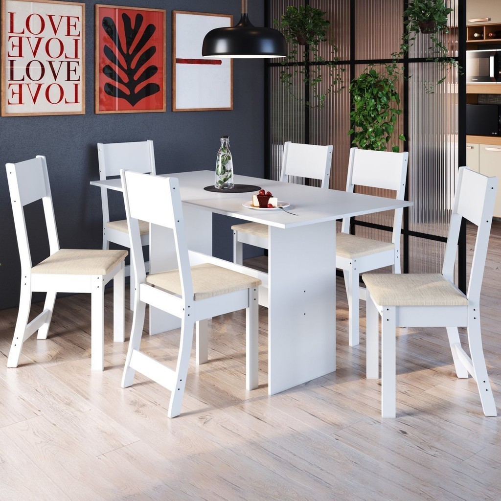 Conjunto Sala de Jantar 1 Mesa 6 Cadeiras Viena  Branco/Linho em Oferta na Shopee