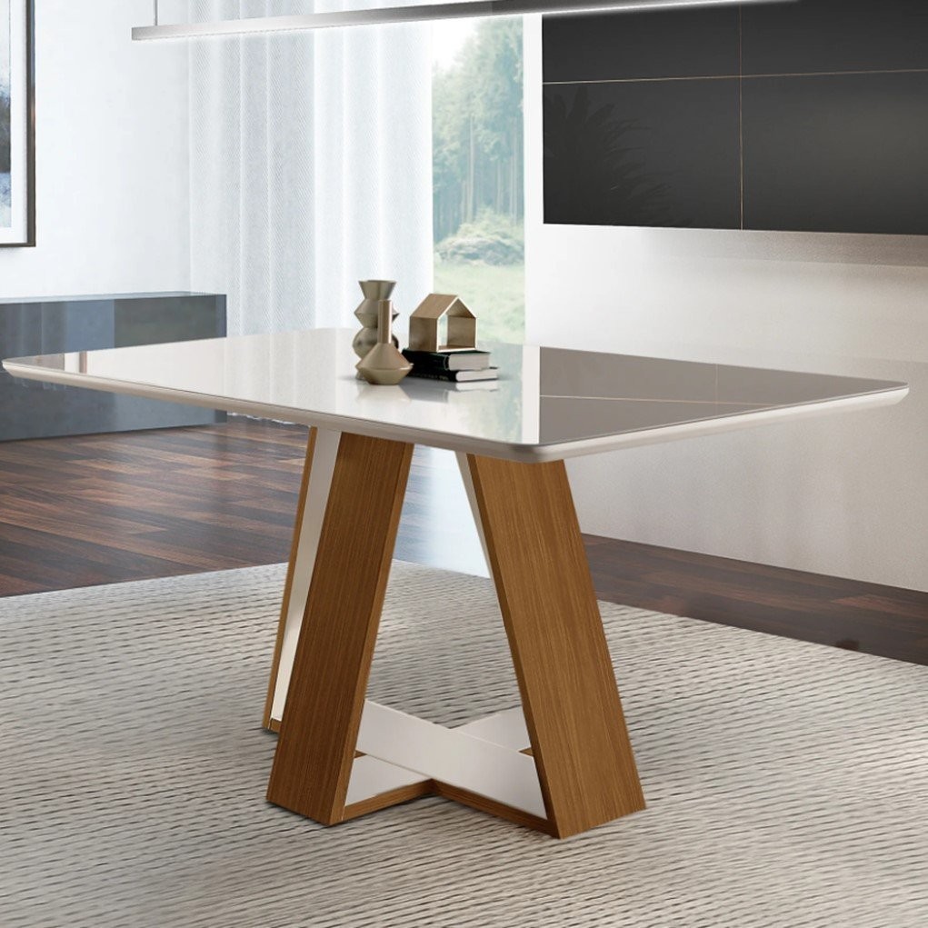 Mesa 4 lugares Tampo  com Vidro/Laca Grécia  Castanho Cinamomo/Off White - Home & Living