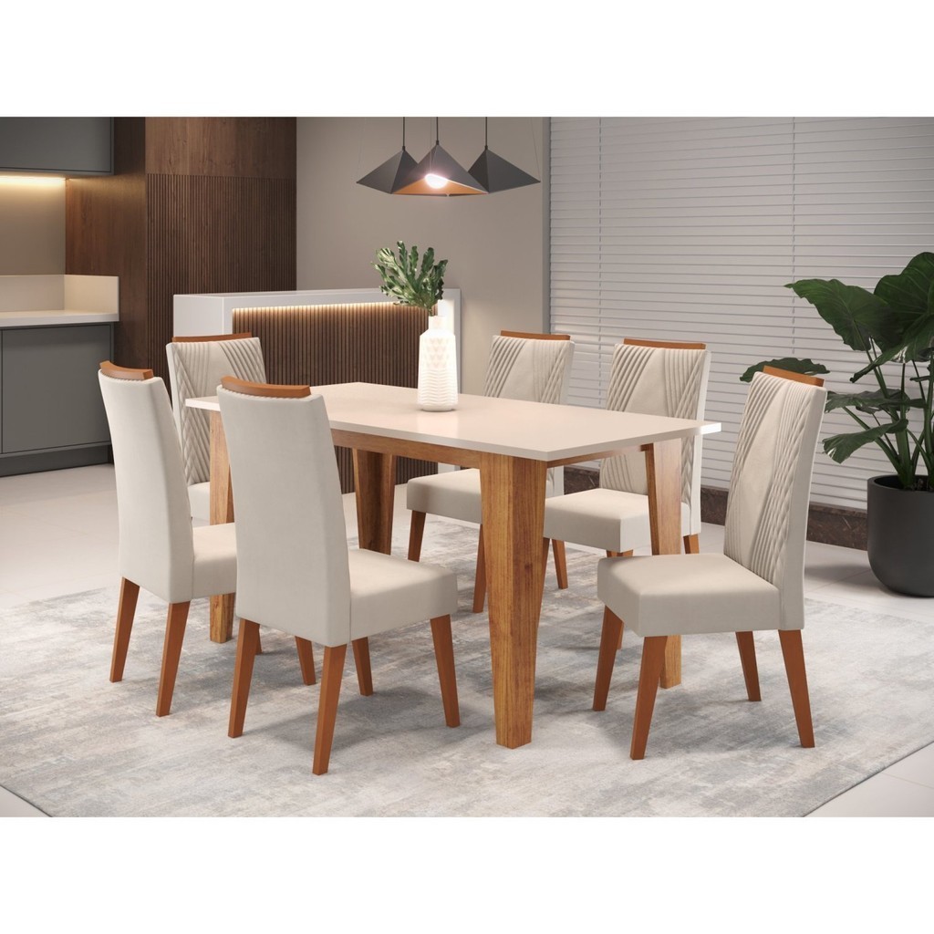 Mesa de Jantar Retangular Gales com 6 Cadeiras Madeira Maciça Vegas  Marfim/Mel em Oferta na Shopee