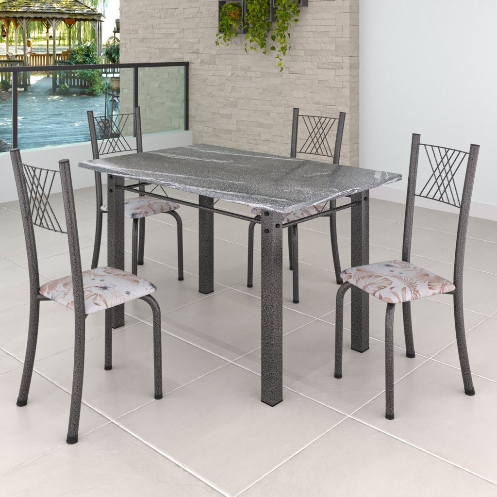 Conjunto Mesa com 4 Cadeiras Tampo de Granito Topázio Sara Yescasa Prata/Botanic Bege/Mart Botanic Bege/Prata