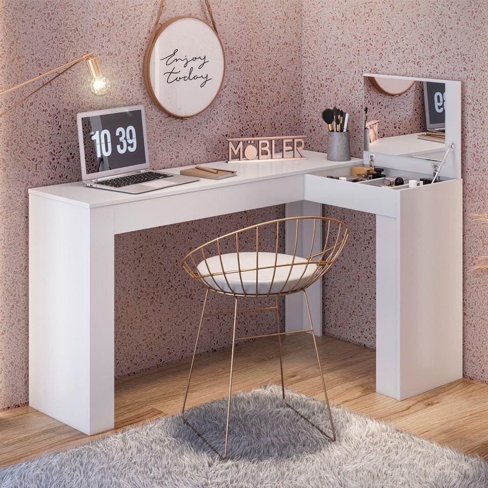 Escrivaninha Mesa Escritório Penteadeira em L Porta Objetos 135x82cm Jade Branco em Oferta na Shopee