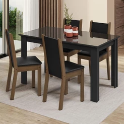 Conjunto Sala de Jantar Mesa Tampo de Vidro 4 Cadeiras Preto/Rustic Suzy Madesa