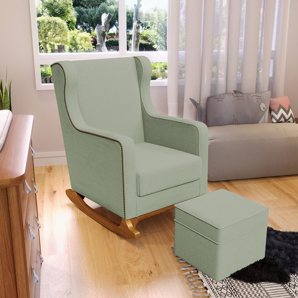 Poltrona de Amamentação com Balanço e Puff Mavie L02 Bouclê Oliva - Lyam Decor