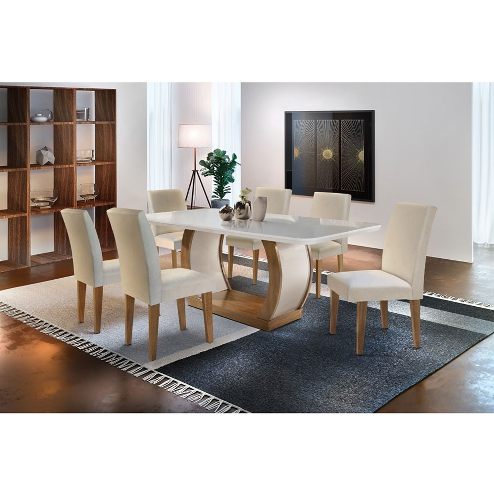 Sala de Jantar Milena Tampo MDF Vidro com 6 Cadeiras Grécia QR Rufato - Home & Living