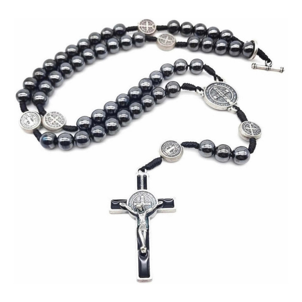 Crucifixo De Pescoço Colar Terço Hematita São Bento