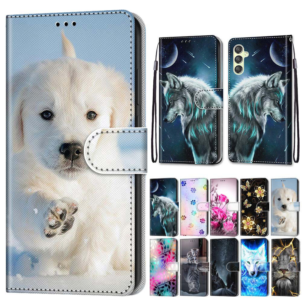 Capa Para Telefone Com Padrão De Gato Crianças Samsung Galaxy A05 A05S A15 A25 A35 A55 A14 A24 A34 Porta-Cartões De Couro Flip De Carteira