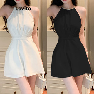 Lovito Elegante Macacão Feminino Liso Básico com Metal LNE30044 (Branco)