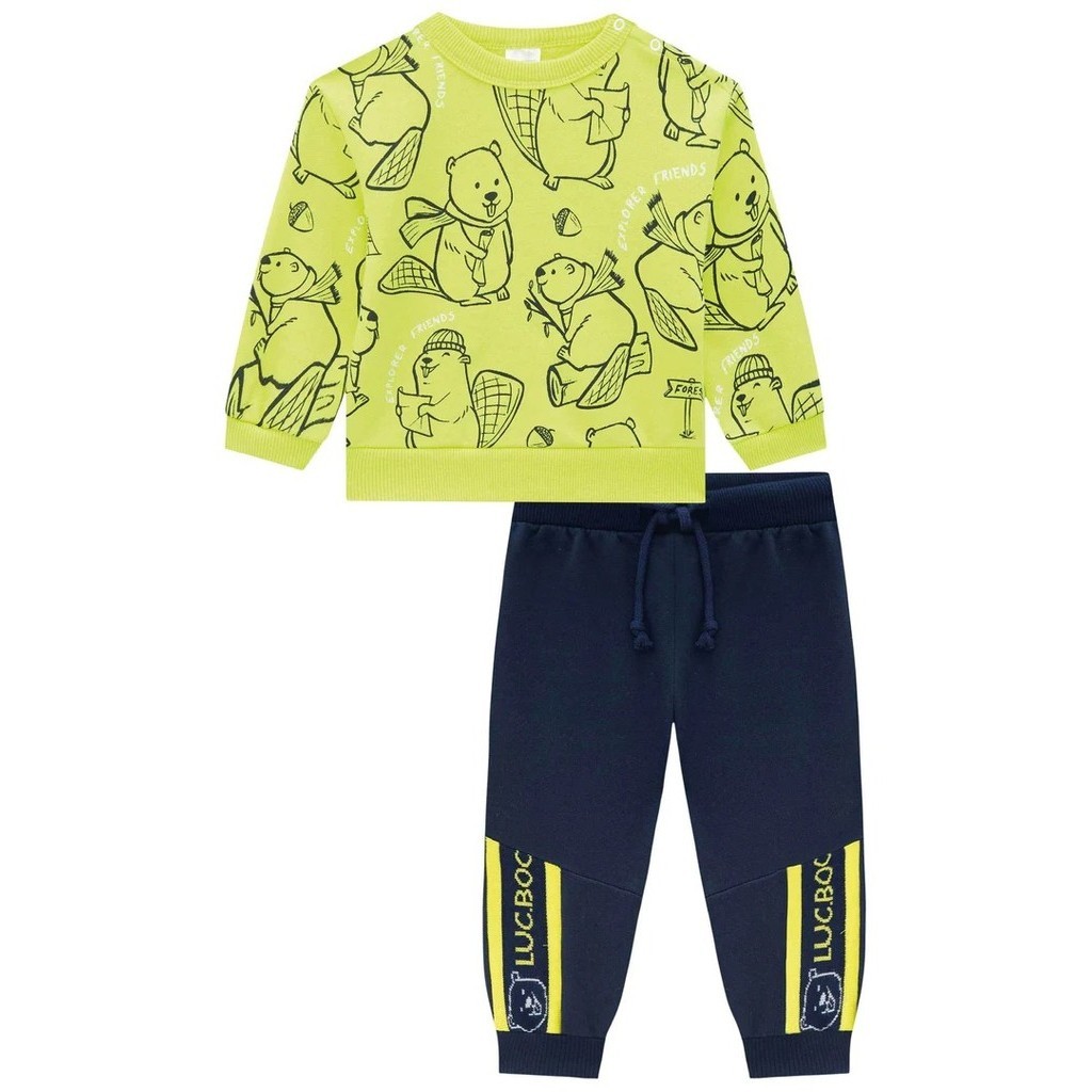 Conjunto Infantil Menino Blusão Estampado Urso e Calça Jogger em Moletom Inverno Pelúcia Lucboo