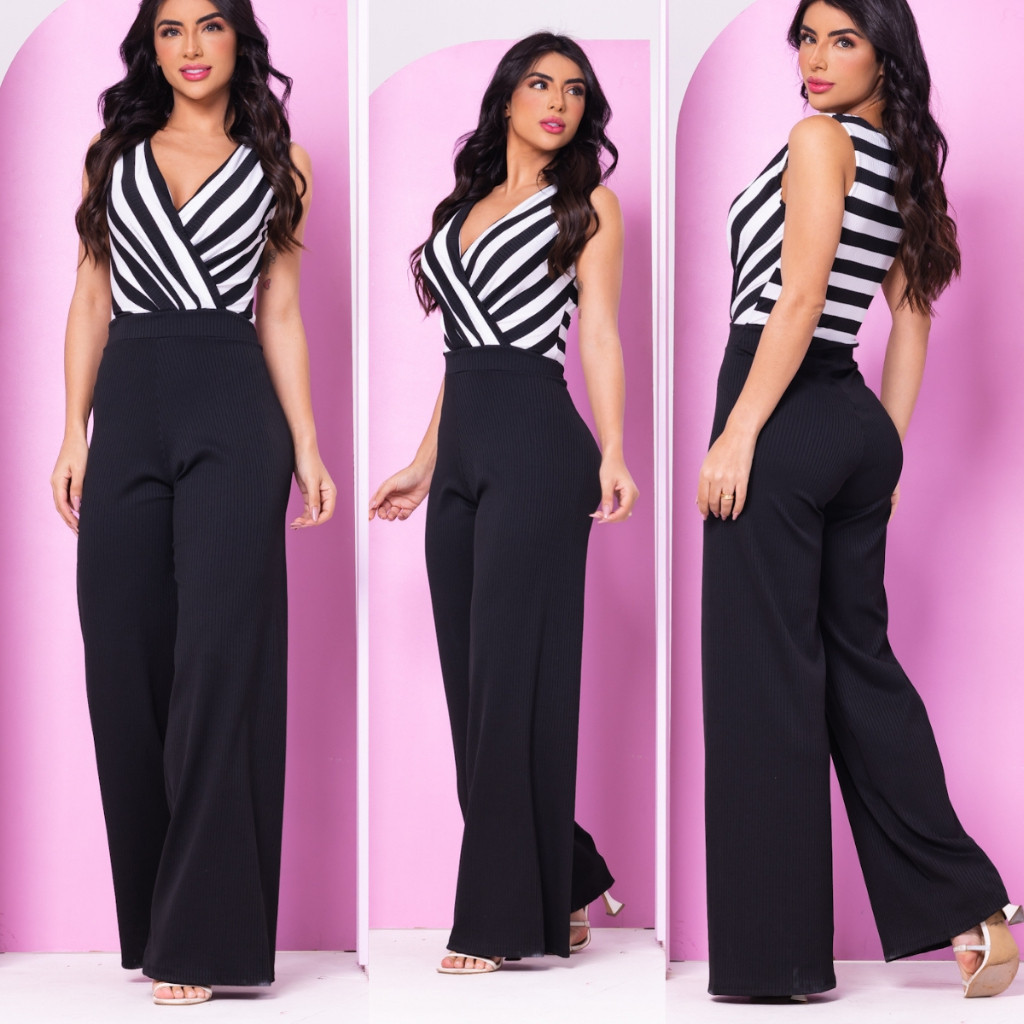 Macacao Feminino Regata com Listras Preto e Branco Decote V Pantalona Canelado