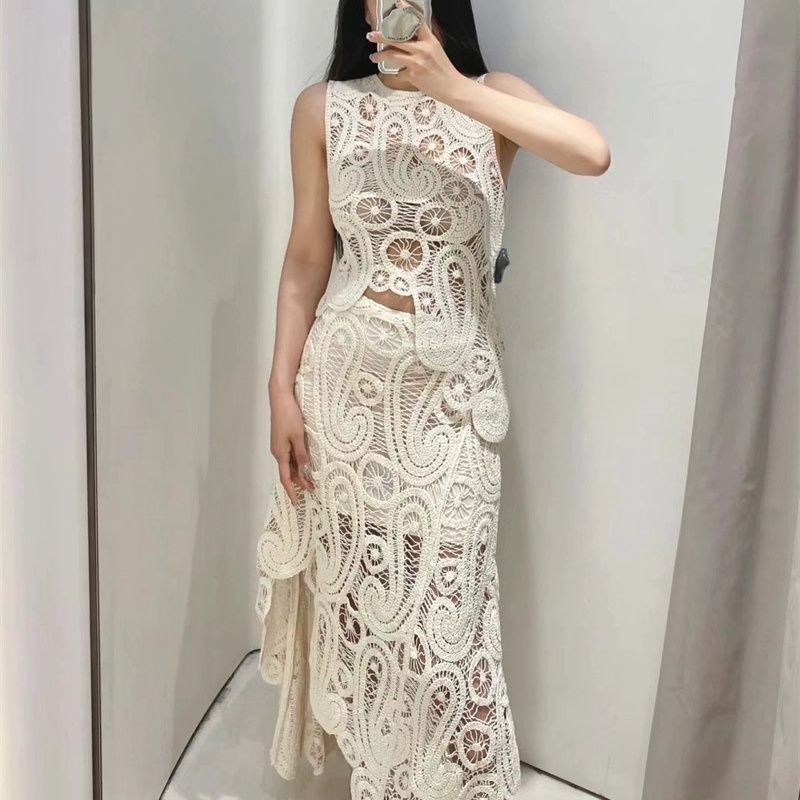 Conjunto De Desenho De Flor De Gancho De Malha Retrô Feminino Sem Mangas Saia De Cintura Alta 31
