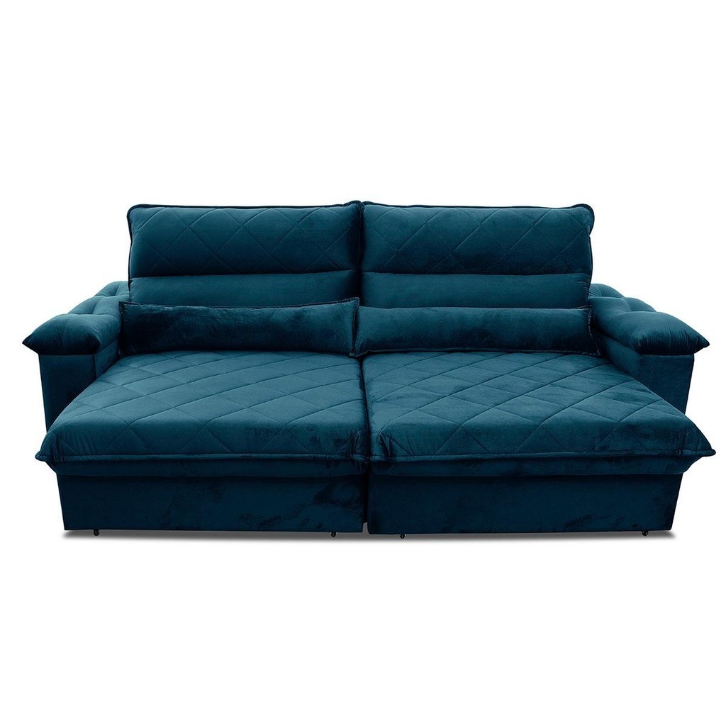 Detalhes do Sofá Retrátil Reclinável Grécia 2,70m Suede Velut Azul Marinho  Molas no Assento - King House