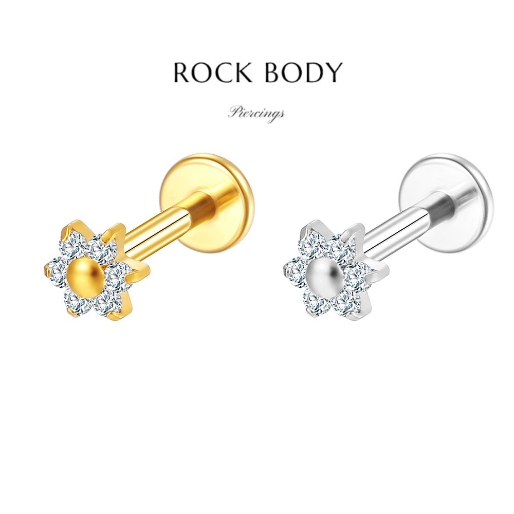 【Rock Body】Piercing Labret Aço Cirúrgico Flor Zircônias Ponto De Luz Helix Tragus