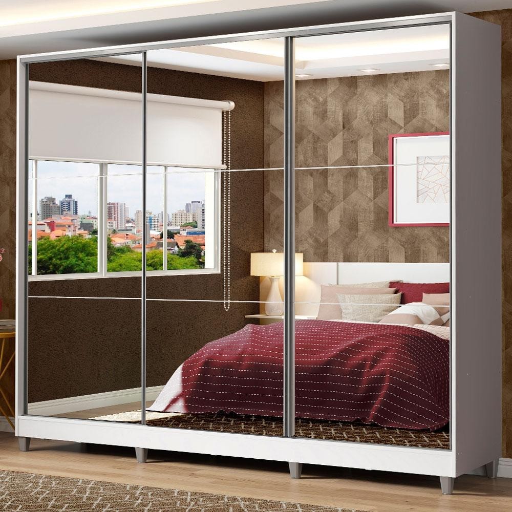 Guarda Roupa Casal 100% MDF Madesa Zurique 3 Portas de Correr de Espelho com Pés - Branco - Home & Living