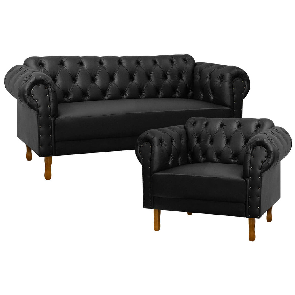 Kit Sofá 2 Lugares 160cm e Poltrona Chesterfield Sala e Recepção Corino - SOFA STORE