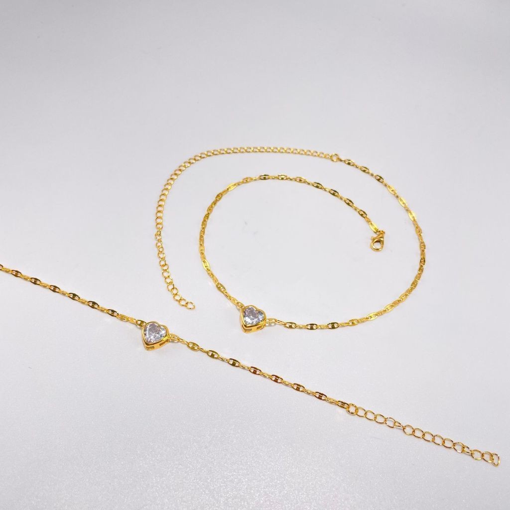 Conjunto Colar Choker Coração em Zircônia + Pulseira Banhado a Ouro 18k, Prata 925.
