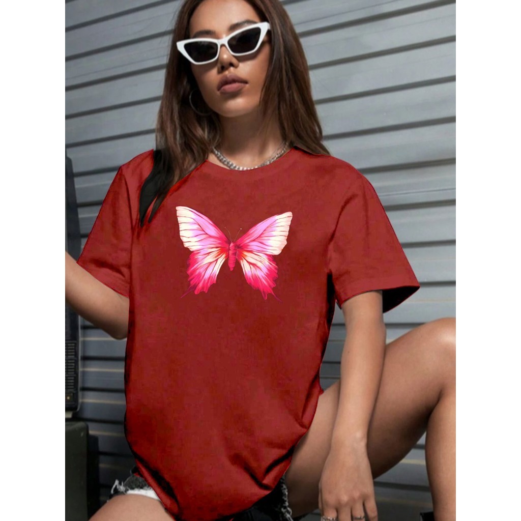 Camiseta Oversized Streetwear Plus Size Mulher Aesthetic Estampada Borboleta Pétala Blusa T-Shirt