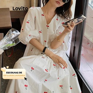 (KOL‘s pick) Lovito Vestido Midi com Estampa de Frutas, Decote em V e Mangas Curtas para Mulheres LNA13079 (Branco) em Oferta na Shopee