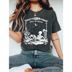 Camiseta Casual Unissex Com Estampa de Esqueleto Lendo maligu