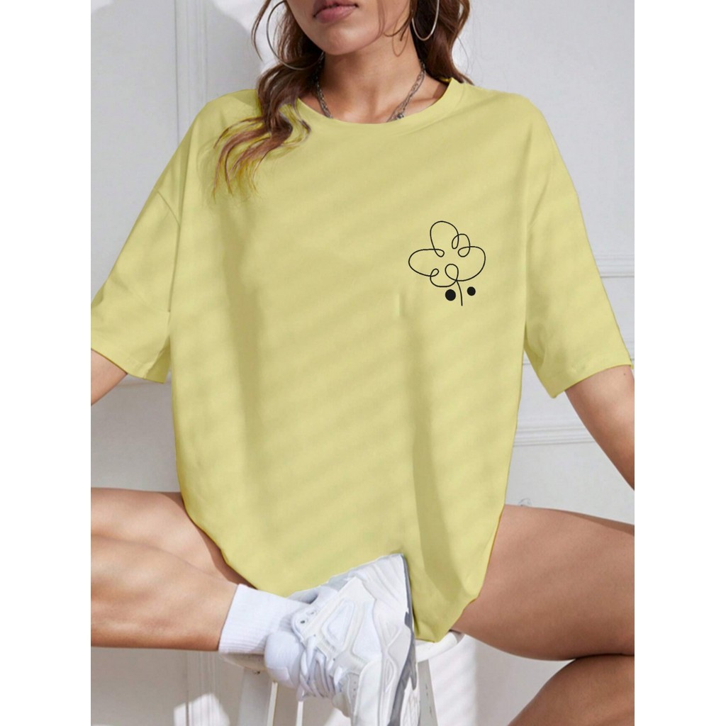 Camiseta Feminina Minimalista Blusa Oversized Larga T shirt Bordada Estampa  Floral Casual Academia