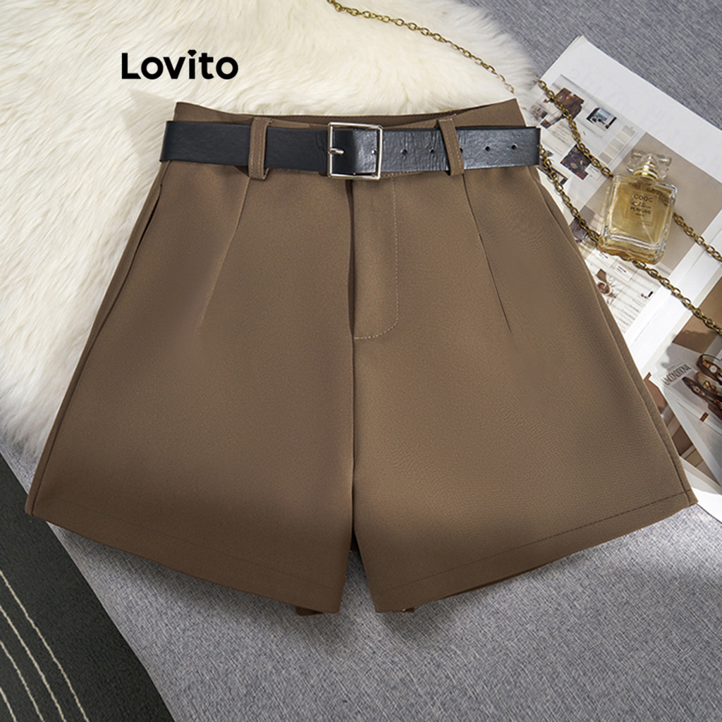(Trendy) Lovito Shorts Casuais Com Botão De Verão/Primavera Para Mulheres LNE29232 (Marrom) - Women Clothes
