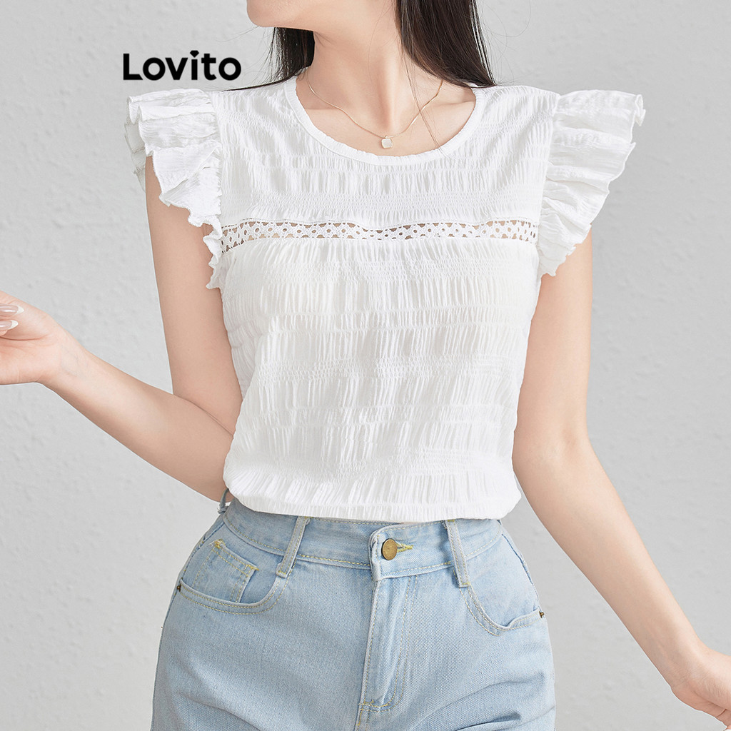 Detalhes do Lovito Blusa Casual com costura em tecido liso para mulheres L121MD114