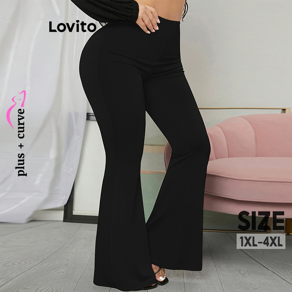 Lovito Calças básicas plus size curvas casuais lisas para mulheres LNM91046 - Women Clothes