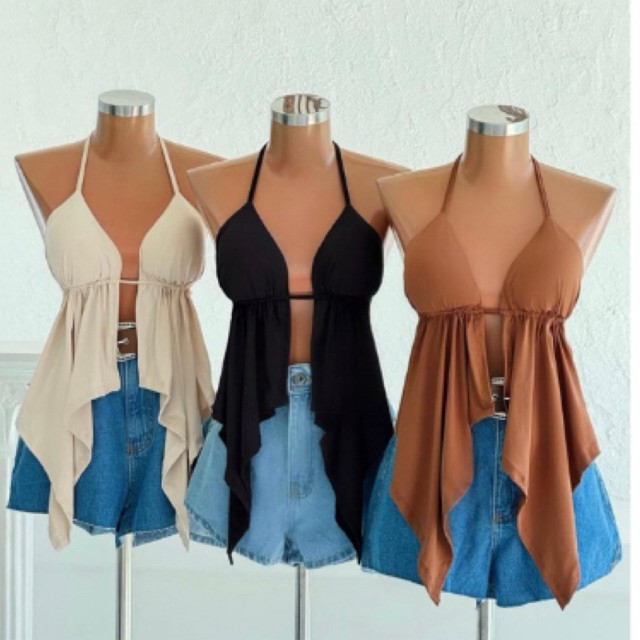BLUSA TOP CROPPED  COM BOJO TENDÊNCIA ESTILOSA FRENTE ÚNICA ABERTURA DOS DOIS LADOS  BLOGUEIRA LEVANTA BUSTO CORTININHA