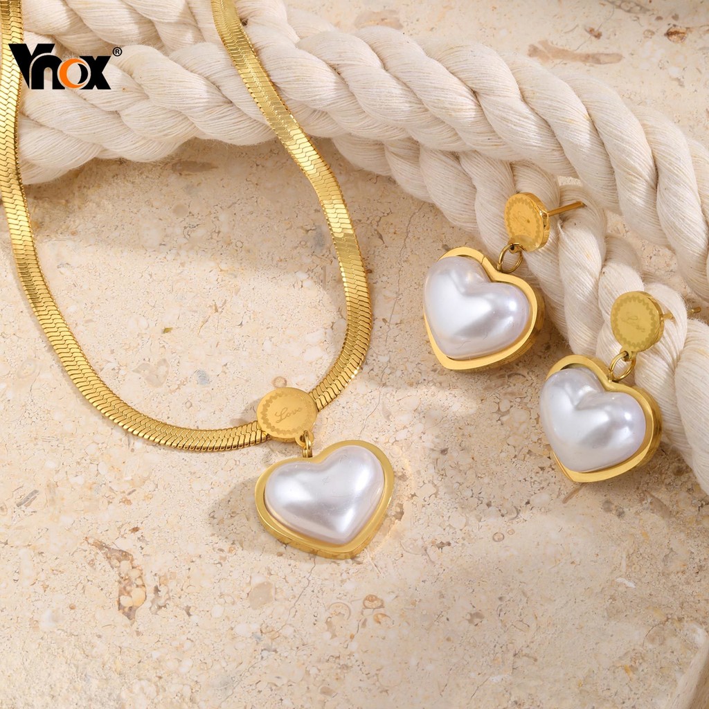 Colar Com Pingente Em Forma De Coração De Pérola Vnox Para Mulheres , Conjunto Elegante De Corrente E Brincos À Prova D' em Oferta na Shopee