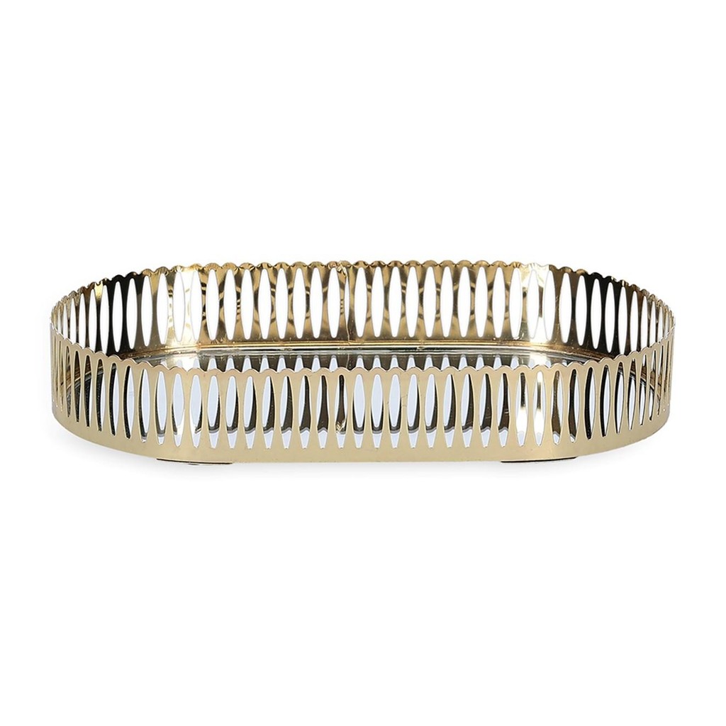 Bandeja Oval em Metal Dourado com Espelho Luxoria 26 x 14,5 cm