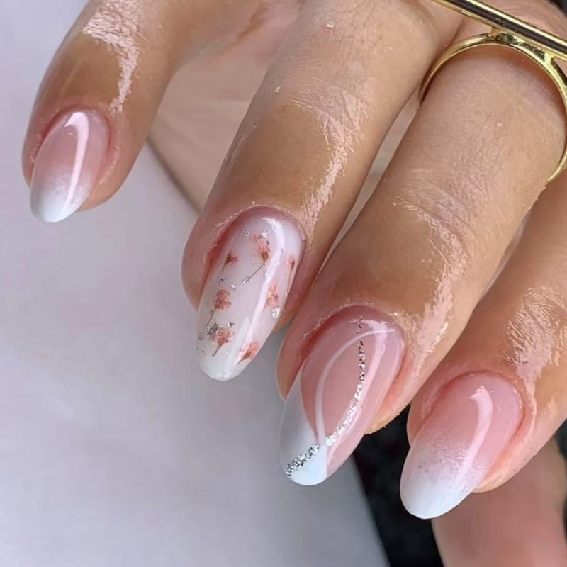 Ace 24 Peças Prensa Curta De Amêndoa Em Unhas Com Padrões De Flores Coladas Acrílicas Falsas Adequadas Para Qualquer Oca