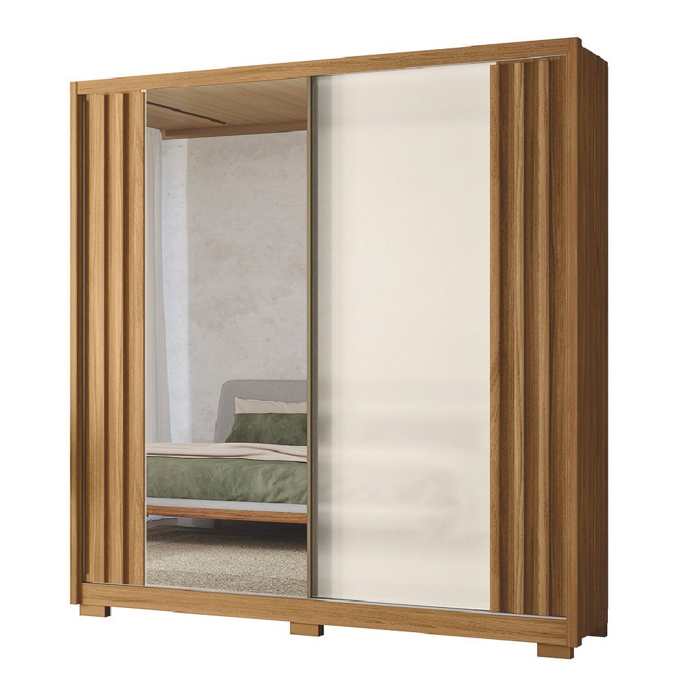 Guarda Roupas Casal Com Espelho Ripado 2 Portas de Correr 3 Gavetas Freijó/Off White Colorado Moval em Oferta na Shopee