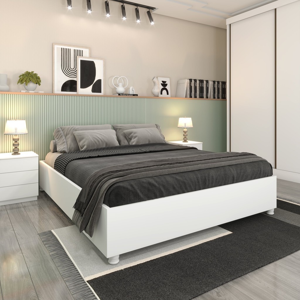Cama Casal 193cm x 144cm em MDP Mônaco Branco/Neve - Home & Living