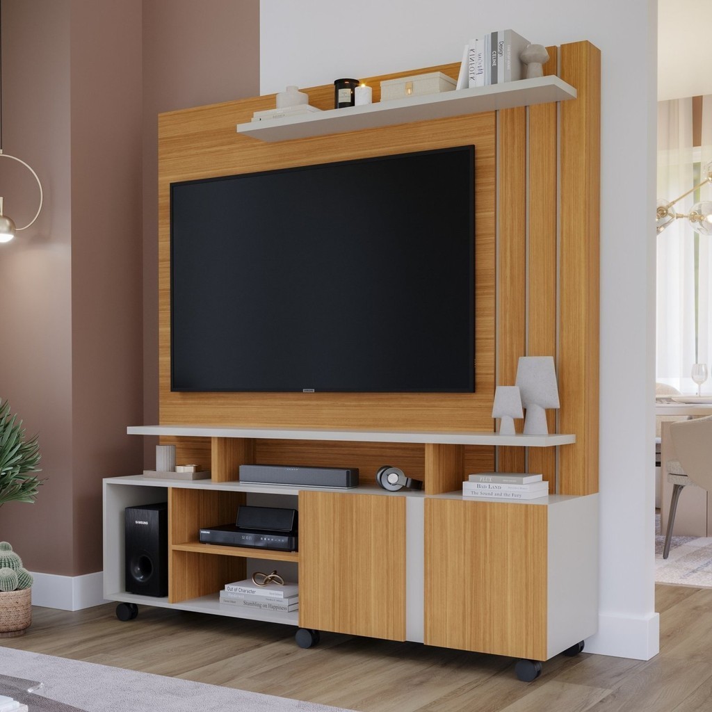Estante para TV e Home Theater até 55 Polegadas 100% MDF 160cmx182,5cm 2 Portas Valência Dourado Nature/Off White