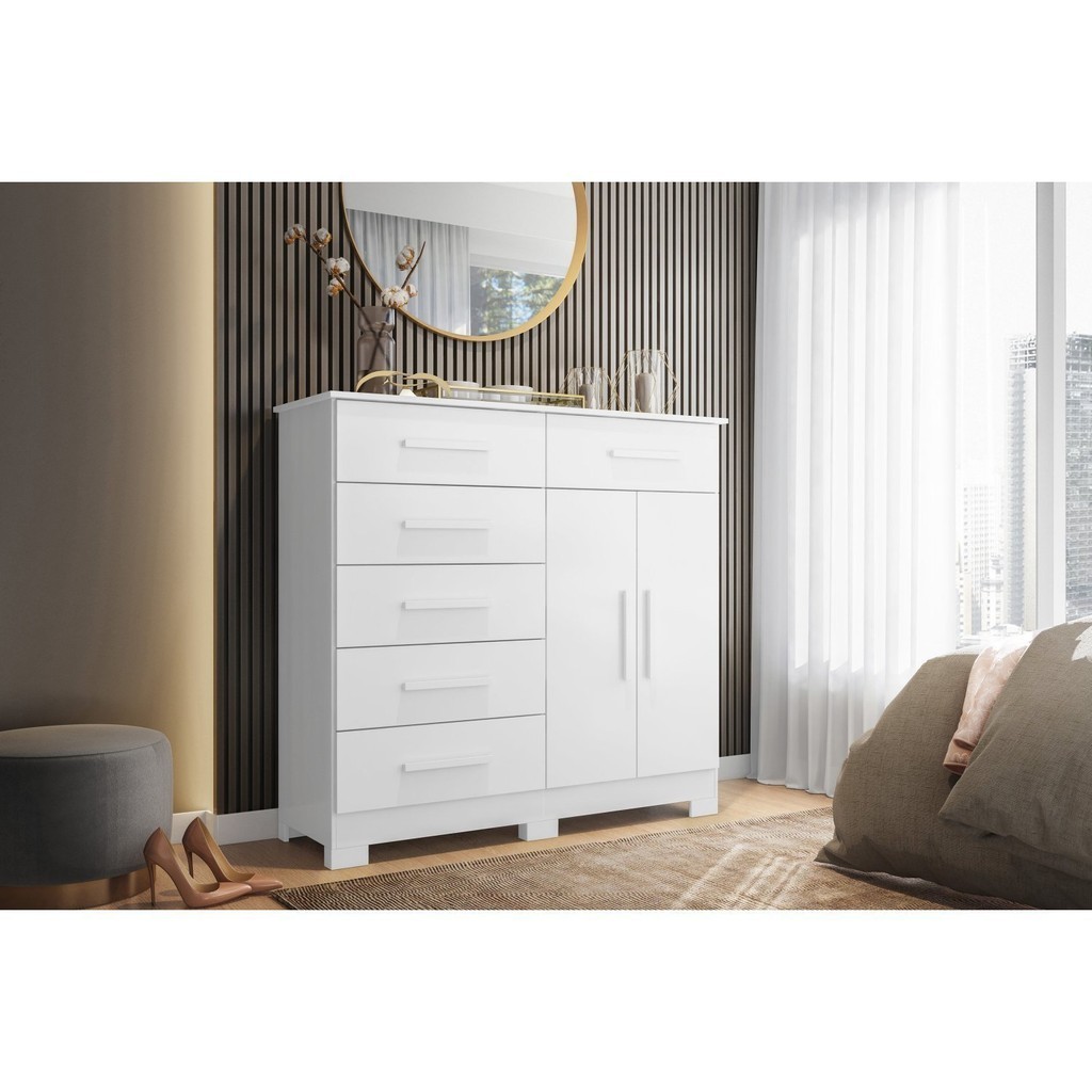 Cômoda para Quarto 6 Gavetas e 2 Portas Xangai Branco em Oferta na Shopee