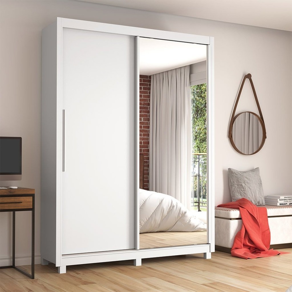 Guarda-roupa Solteiro 2 Portas 1 Porta Espelhada com Pés Royale 100% MDF Branco - Home & Living