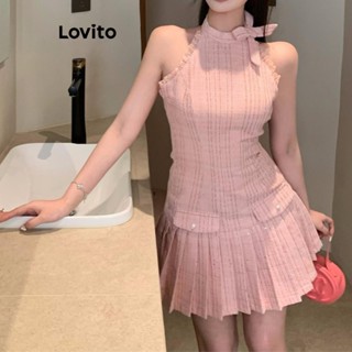 Lovito Vestido casual geométrico plissado com renda para mulheres LNE55535