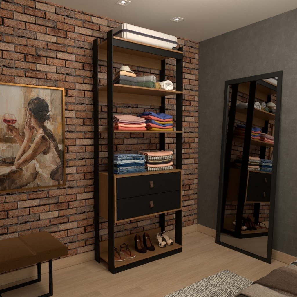 Closet Industrial Marseille 2 Gavetas 2 Prateleiras Black/Brise - Panorama Móveis - Home & Living