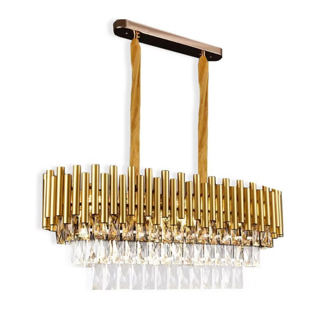 Lustre Pendente 76cm Cristal Oval Luminária Teto Dourado E14X8 Sindora DCD00455