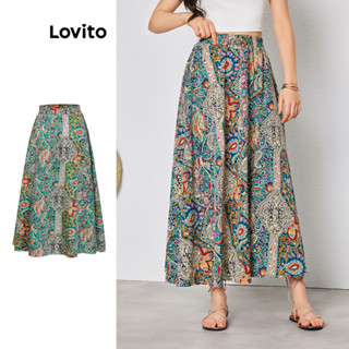 Lovito Saia Tropical Drapeada Lisa Casual para Mulheres LBL08213(Multicolorido)