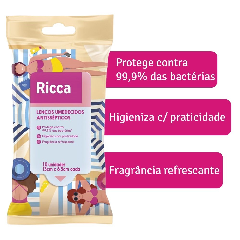 Kit 2 pct Lenços Umedecidos Antissépticos Ricca Fragrância Refrescante c/ 10un em Oferta na Shopee