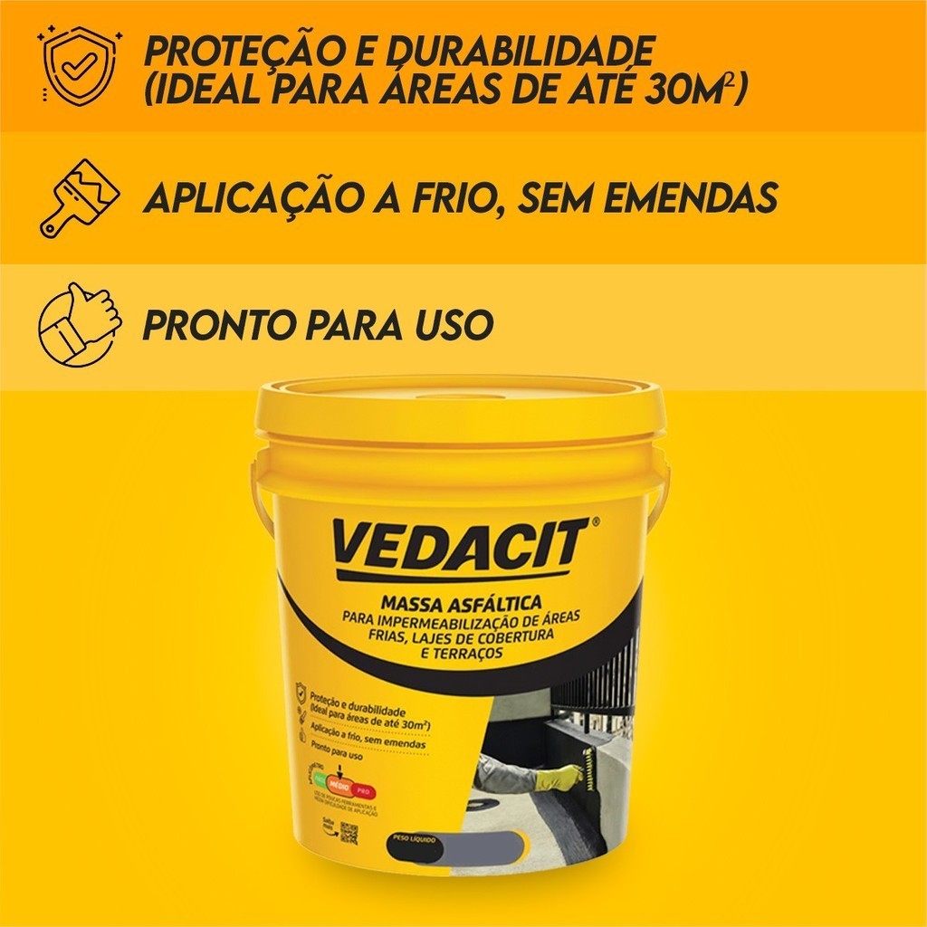 Massa Asfáltica Vedacit Impermeabilização de Áreas Frias 20Kg Massa Asfáltica Lajes Coberturas Terraços Pequenos Reparos · foto 2