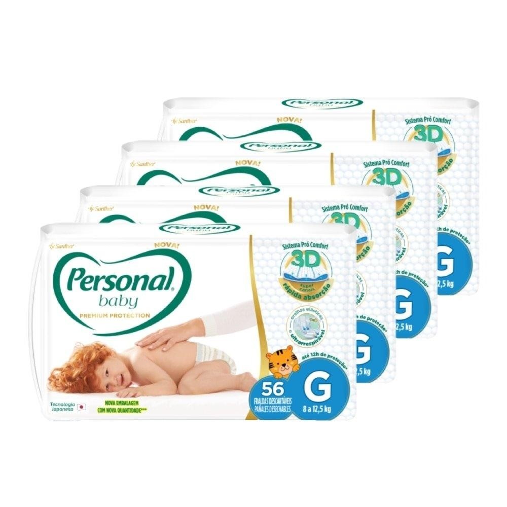Fralda Descartável Personal Premium Tamanho G - 4 Pacotes com 56 Fraldas - Total De 224 Tiras em Oferta na Shopee