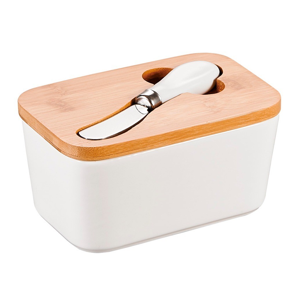 Porta Manteiga De Porcelana Branca Com Tampa Bambu Hermética E Espátula Inox