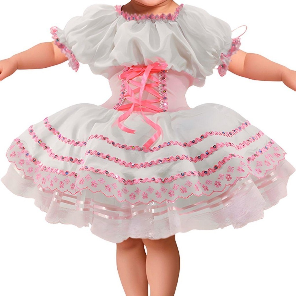 Novinha Caipira Bebe Menina Vestido de Luxo Branco e Rosa Com Corselet Ajustável Com Tiara e Véu