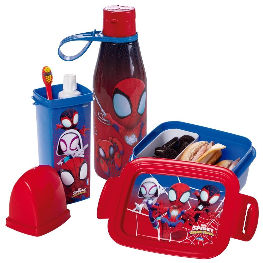 Kit Lancheira Spidey Volta às Aulas 1 Garrafa 1 Pote Marmita 1 Dental Case Plasútil em Oferta na Shopee