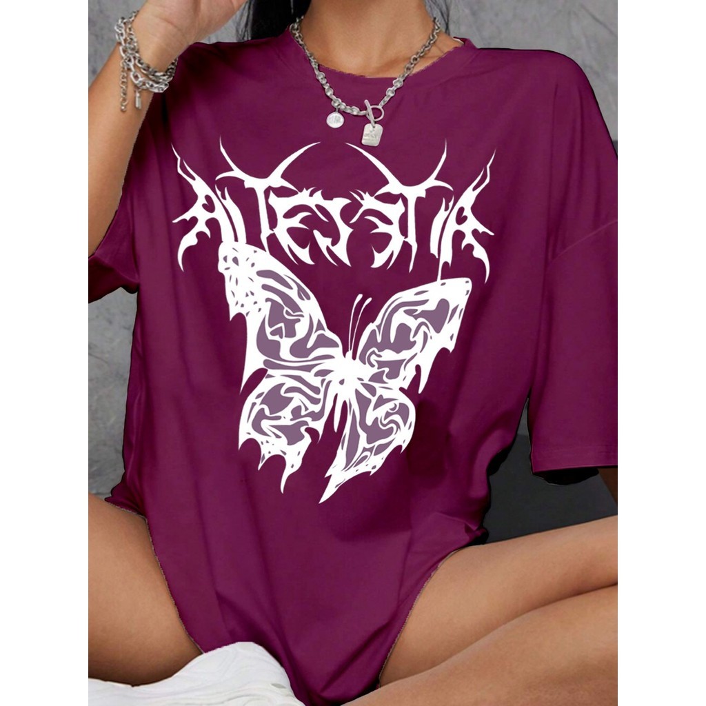 Camiseta Feminina Larga Confortavel Estampada Borboleta Dark T-Shirt Longline Blusa Oversized