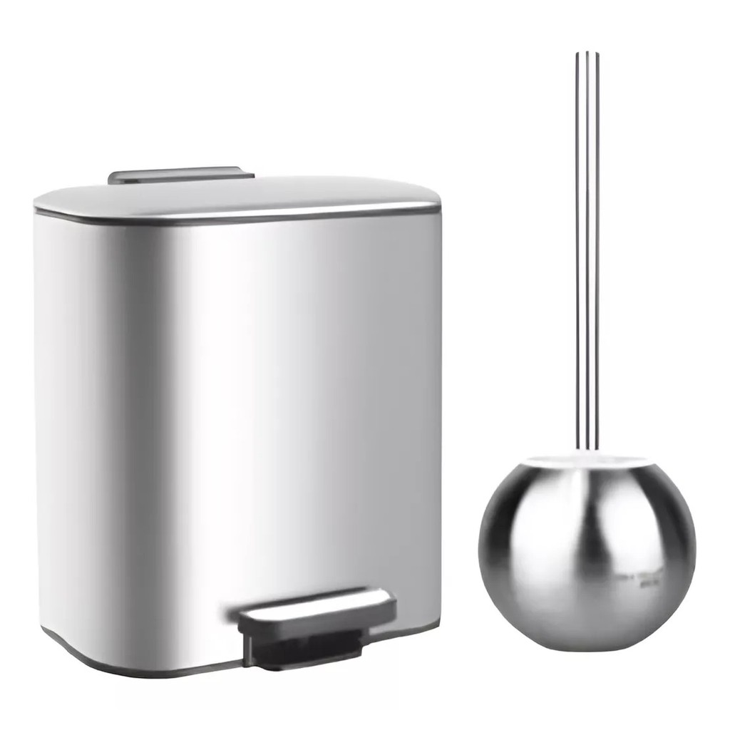 Kit Lixeira Moderna De Pedal Inox 6 Litros + Escova Sanitária Inox Premium Banheiro Lavabo
